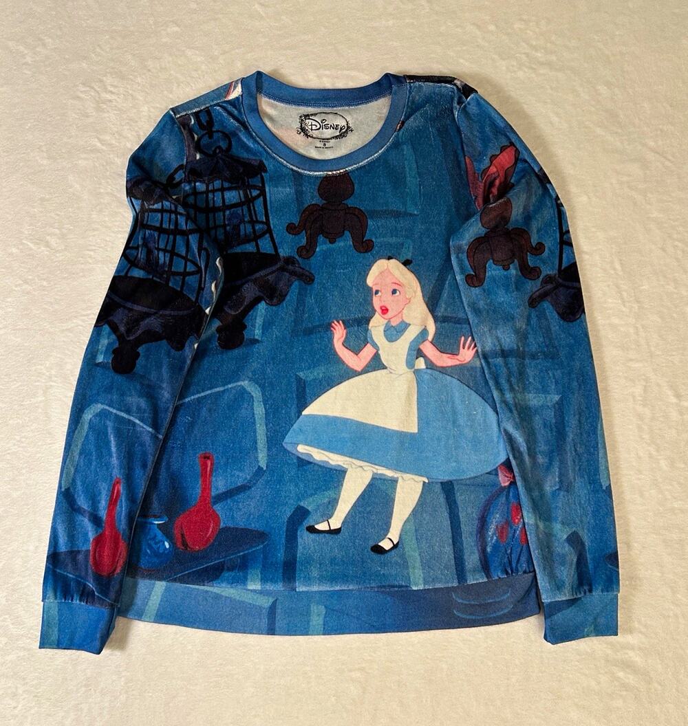 Hot Topic Alice in Wonderland Velvet Sweatshirt Blue Long Sleeve S Disneybpund